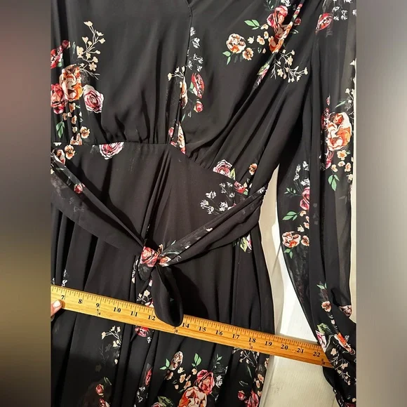 IEENA FOR MAC DUGGAL Belted Floral Print Illusion Long Sleeve Gown Black Size 12 - Picture 14 of 16